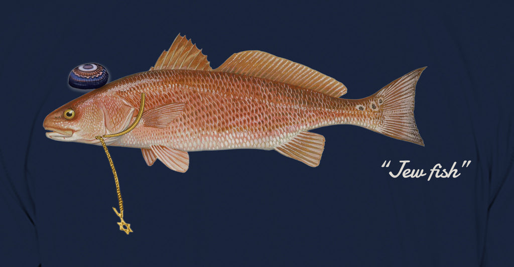 Close-up of the redfish print on navy fabric: kippah, Star of David chain, Jew fish script