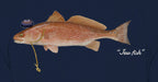 Close-up of the redfish print on navy fabric: kippah, Star of David chain, Jew fish script