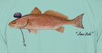 Close-up of the redfish print on seafoam fabric: kippah, Star of David chain, Jew fish script