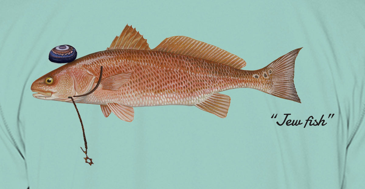 Close-up of the redfish print on seafoam fabric: kippah, Star of David chain, Jew fish script