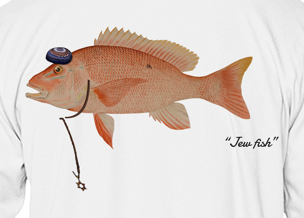 Close-up of the red snapper print on white fabric: kippah, Star of David chain, Jew fish script