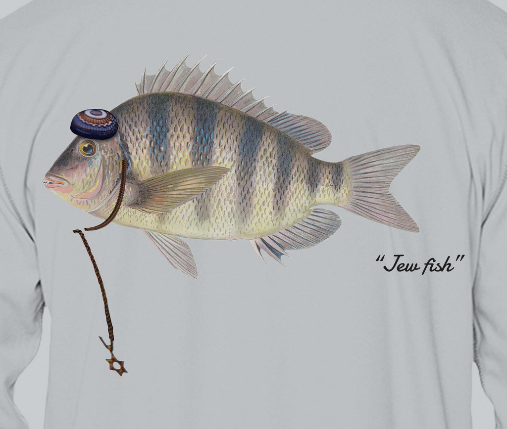 Close-up of the sheepshead print on light grey fabric: kippah, Star of David chain, Jew fish script