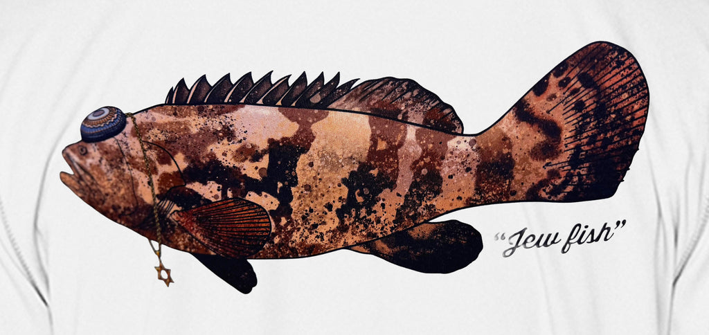 Close-up of the Goliath grouper print on white fabric: kippah, Star of David chain, Jew fish script