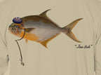 Close-up of the pompano print on sand fabric: kippah, Star of David chain, Jew fish script