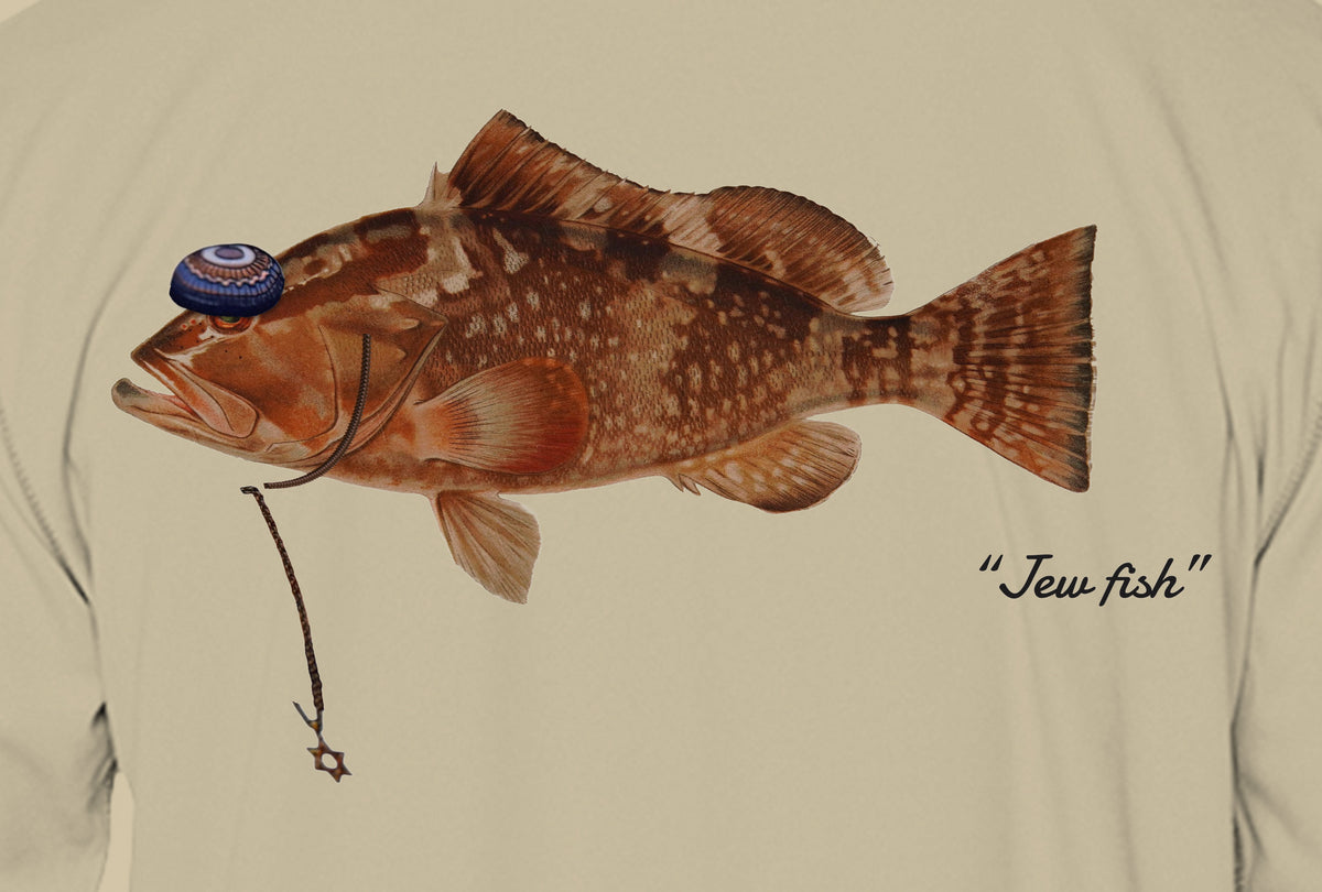 Close-up of the red grouper print on sand fabric: kippah, Star of David chain, Jew fish script