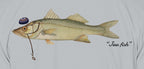 Close-up of the snook print on light grey fabric: kippah, Star of David chain, Jew fish script