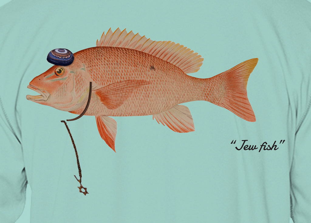 Close-up of the red snapper print on seafoam fabric: kippah, Star of David chain, Jew fish script