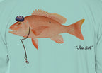 Close-up of the red snapper print on seafoam fabric: kippah, Star of David chain, Jew fish script