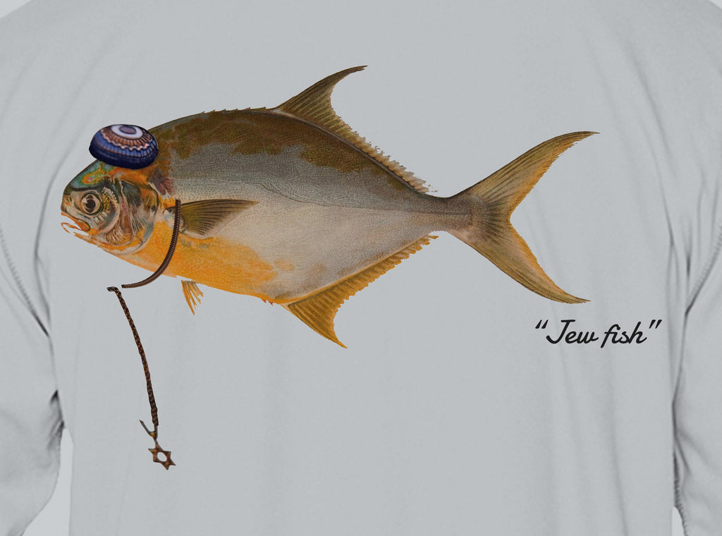 Close-up of the pompano print on light grey fabric: kippah, Star of David chain, Jew fish script