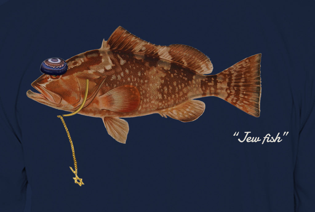 Close-up of the red grouper print on navy fabric: kippah, Star of David chain, Jew fish script