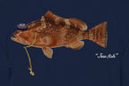 Close-up of the red grouper print on navy fabric: kippah, Star of David chain, Jew fish script