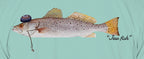Close-up of the speckled trout print on seafoam fabric: kippah, Star of David chain, Jew fish script