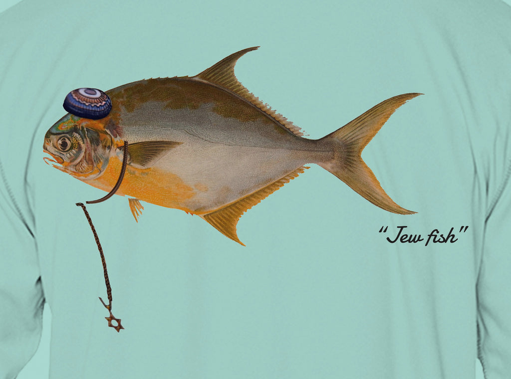 Close-up of the pompano print on seafoam fabric: kippah, Star of David chain, Jew fish script