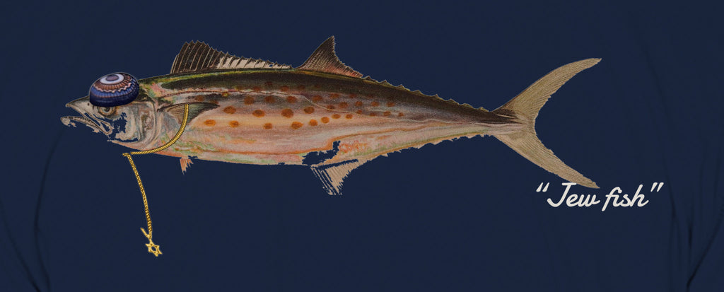 Close-up of the Spanish mackerel print on navy fabric: kippah, Star of David chain, Jew fish script