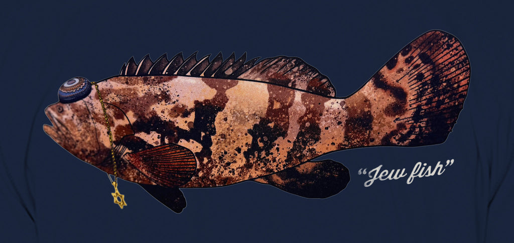 Close-up of the Goliath grouper print on navy fabric: kippah, Star of David chain, Jew fish script