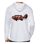 Model wearing the White "Jew fish" Goliath grouper sun hoodie, back view