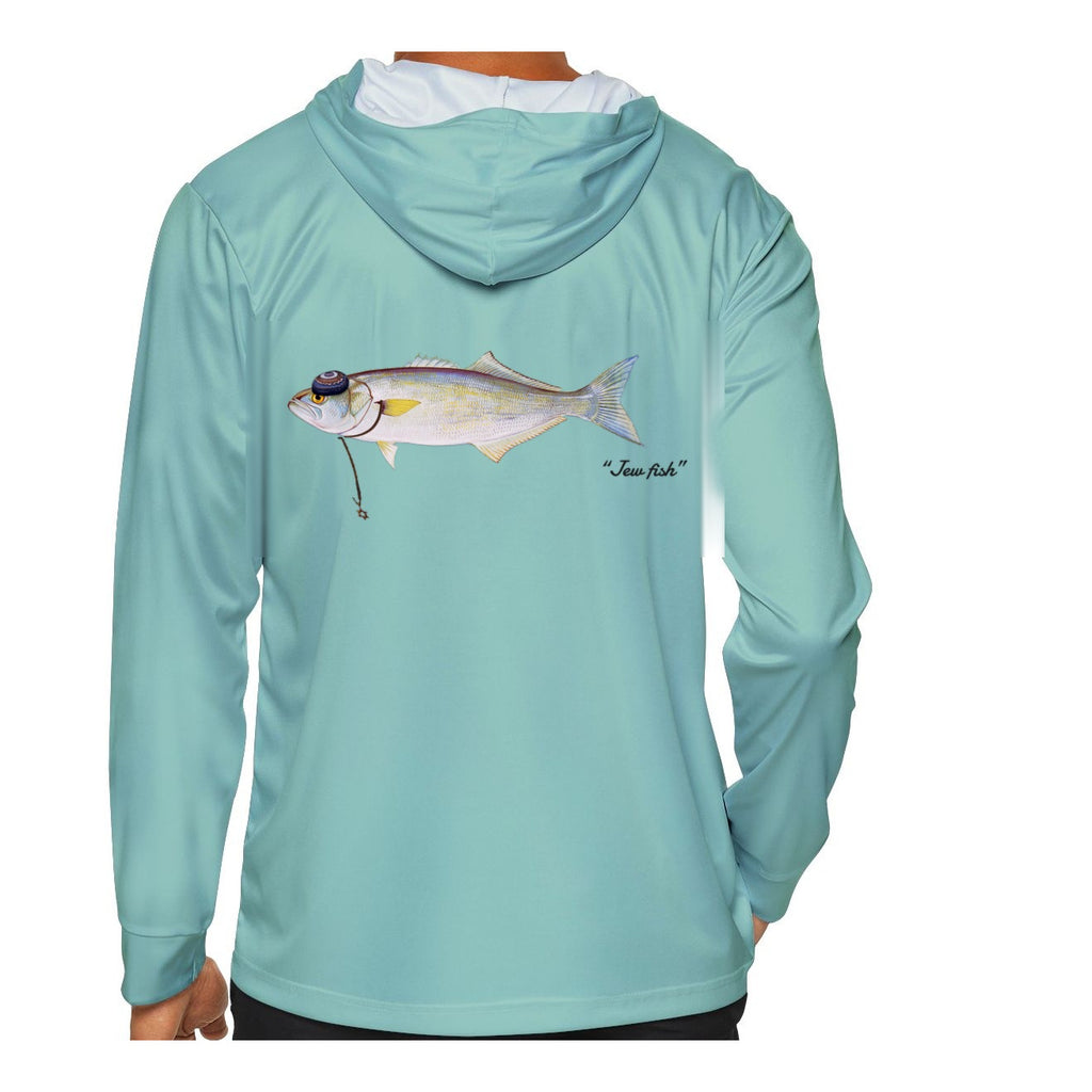 Model wearing the Seafoam "Jew fish" bluefish sun hoodie, back view