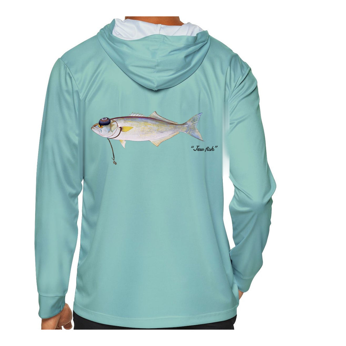 Model wearing the Seafoam "Jew fish" bluefish sun hoodie, back view