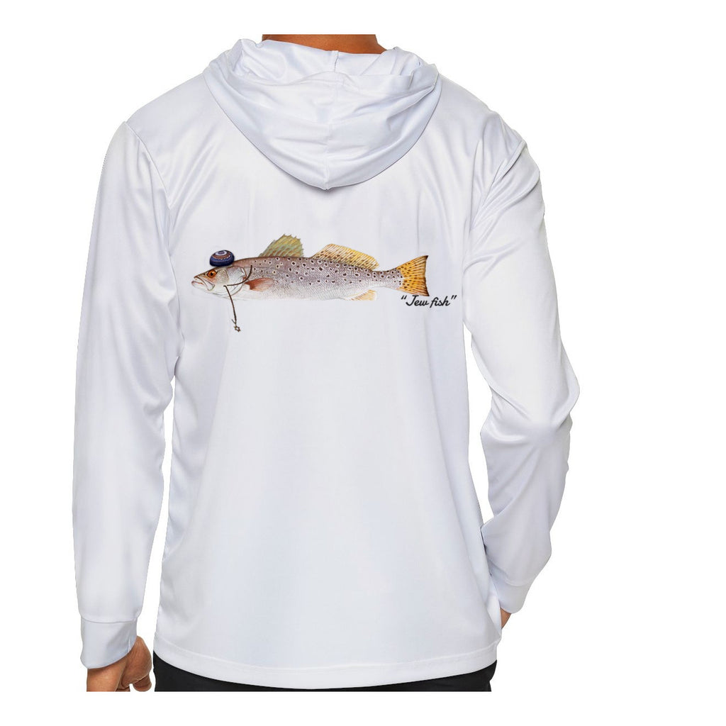 Model wearing the White "Jew fish" speckled trout sun hoodie, back view