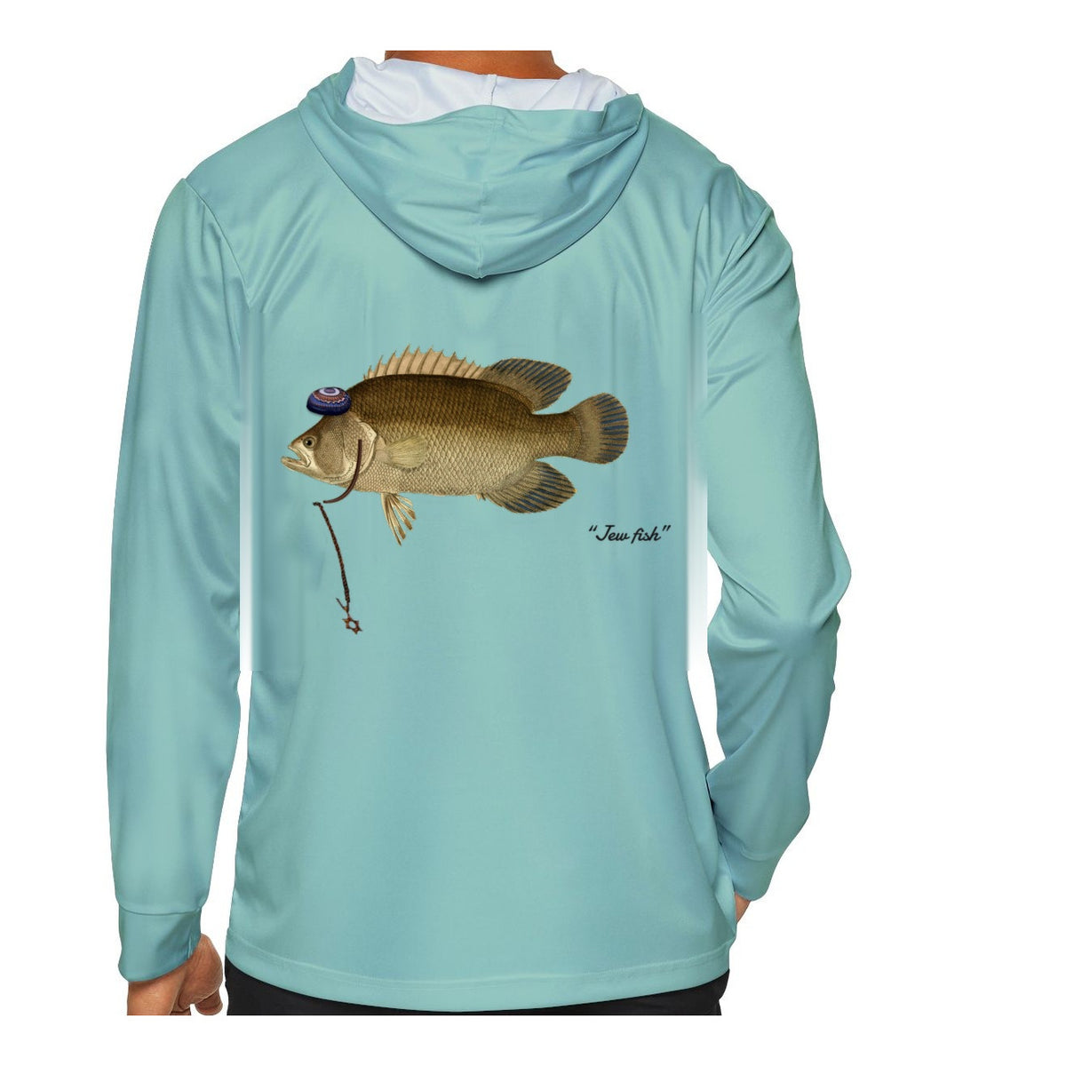 Model wearing the Seafoam "Jew fish" tripletail sun hoodie, back view