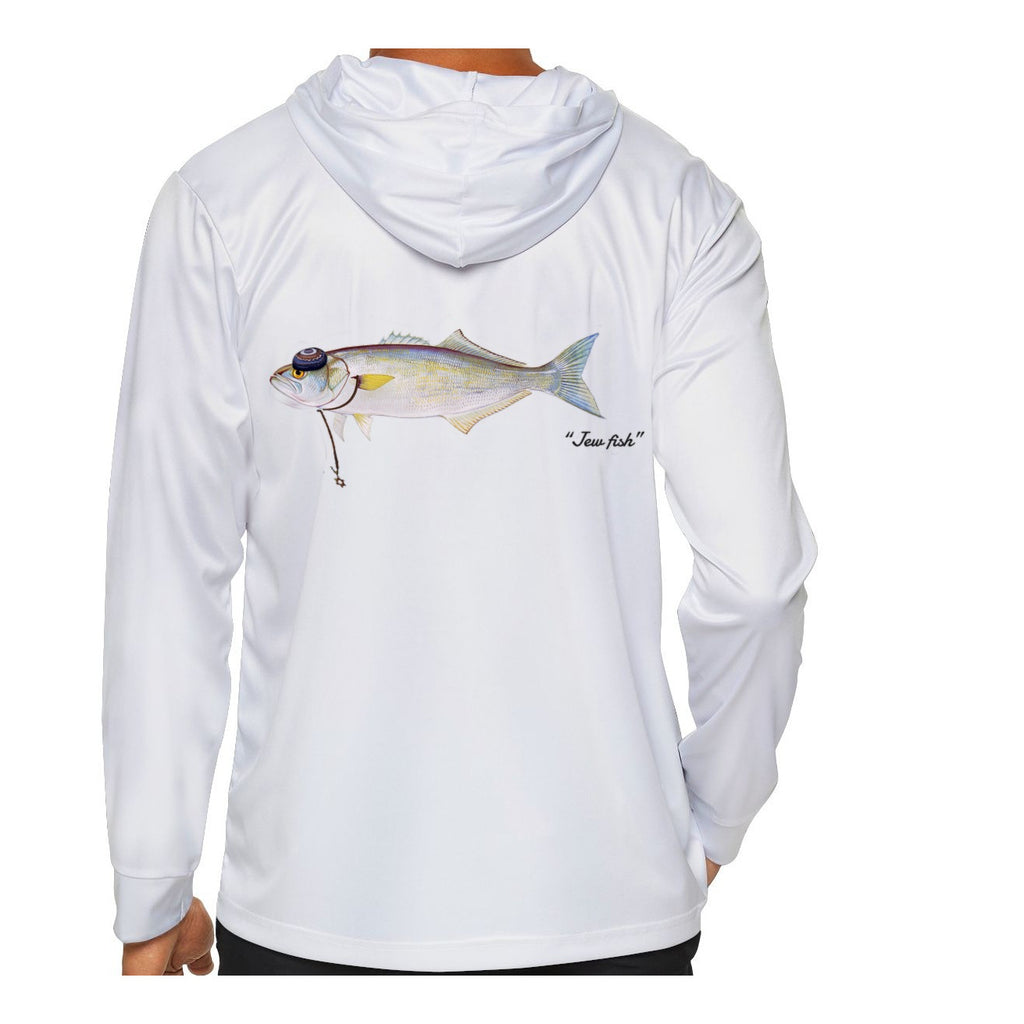 Model wearing the White "Jew fish" bluefish sun hoodie, back view