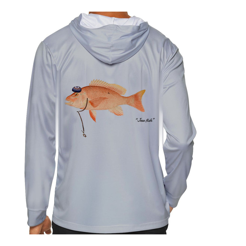Model wearing the Light Grey "Jew fish" red snapper sun hoodie, back view