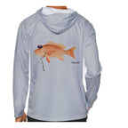 Model wearing the Light Grey "Jew fish" red snapper sun hoodie, back view