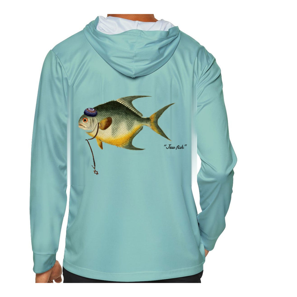 Model wearing the Seafoam "Jew fish" permit sun hoodie, back view