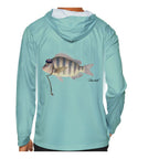 Model wearing the Seafoam "Jew fish" sheepshead sun hoodie, back view