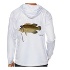 Model wearing the White "Jew fish" tripletail sun hoodie, back view