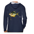 Model wearing the Navy "Jew fish" permit sun hoodie, back view