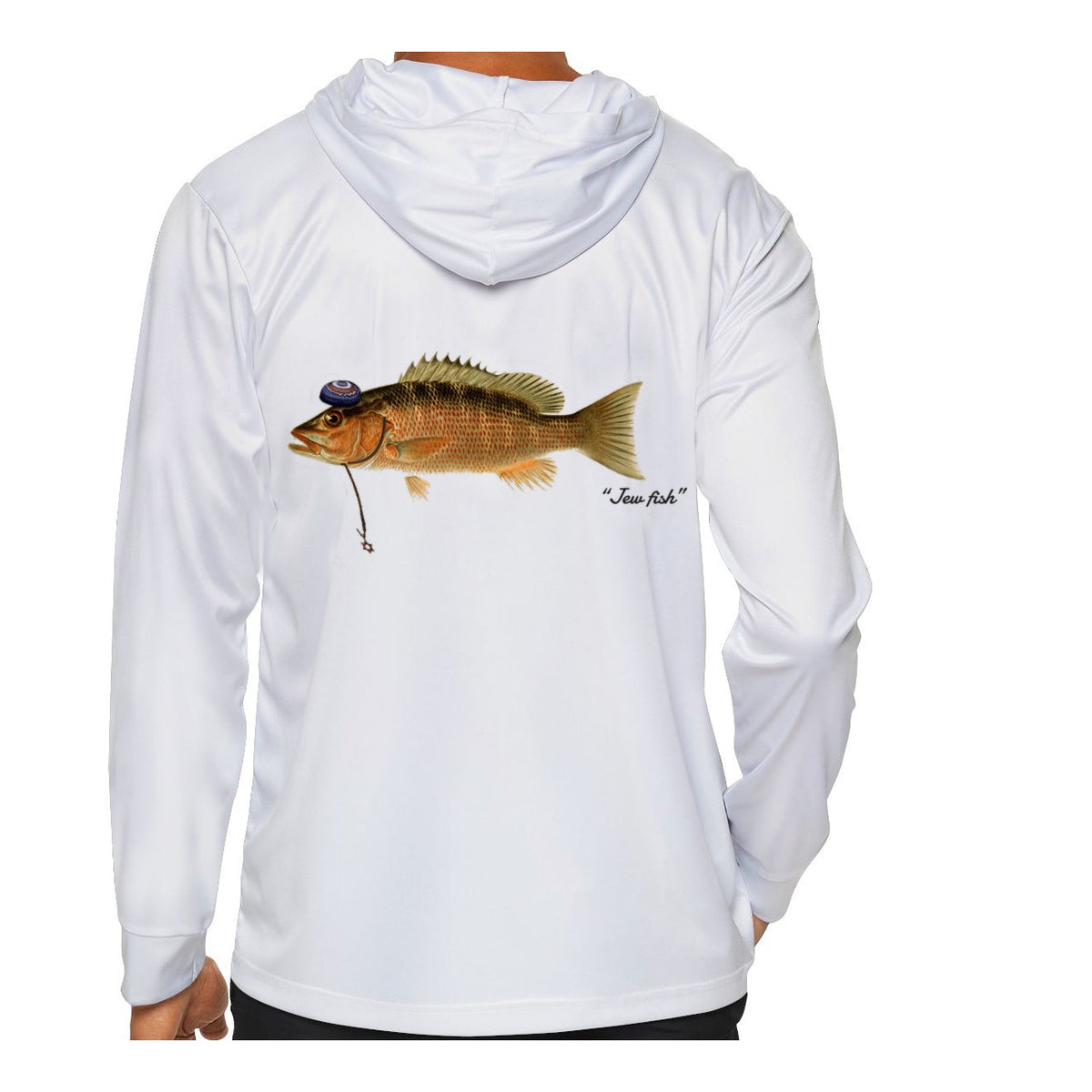 Model wearing the White "Jew fish" mangrove snapper sun hoodie, back view