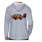 Model wearing the Light Grey "Jew fish" Goliath grouper sun hoodie, back view