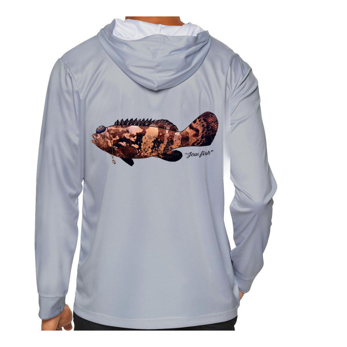 Model wearing the Light Grey "Jew fish" Goliath grouper sun hoodie, back view