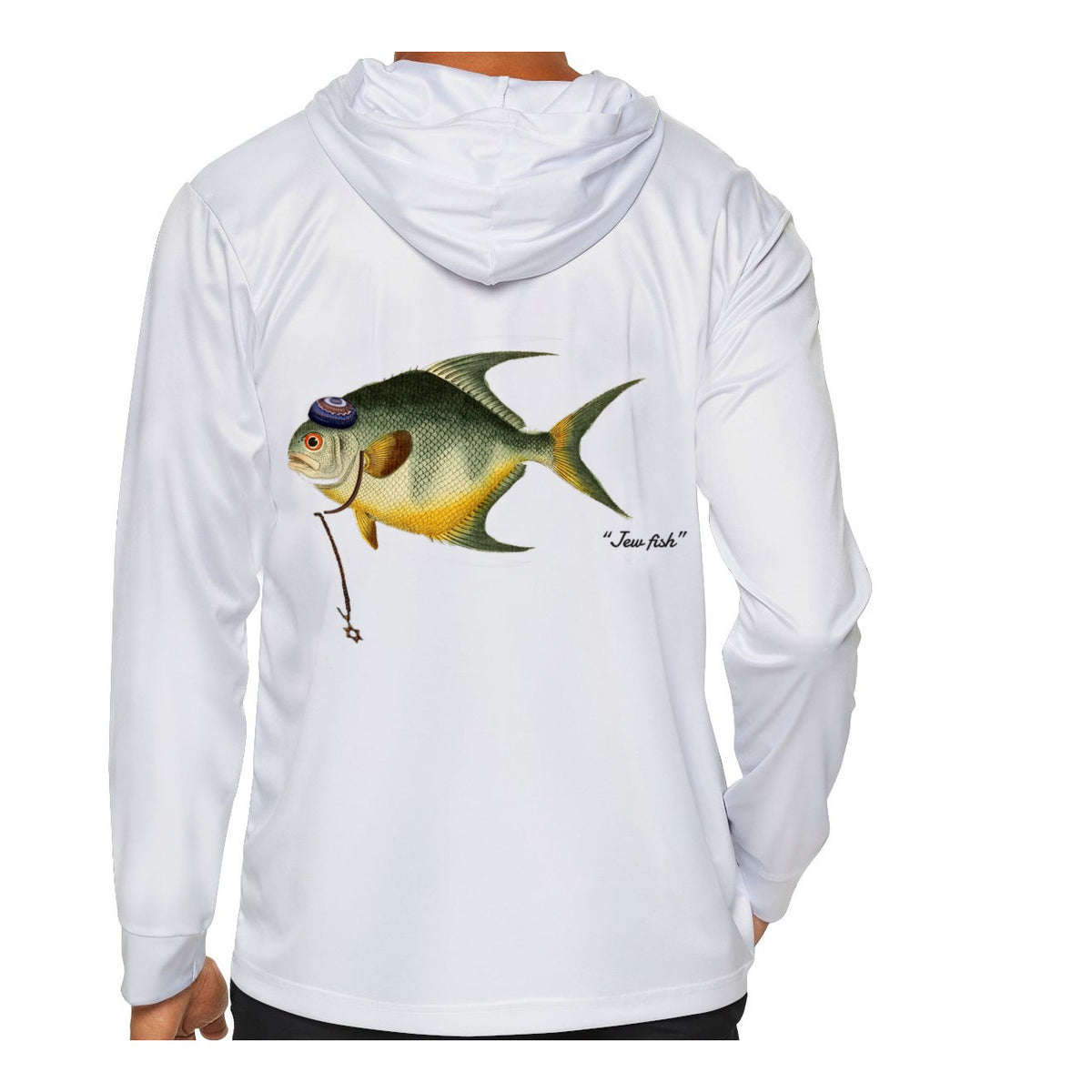 Model wearing the White "Jew fish" permit sun hoodie, back view