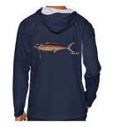 Model wearing the Navy "Jew fish" Spanish mackerel sun hoodie, back view