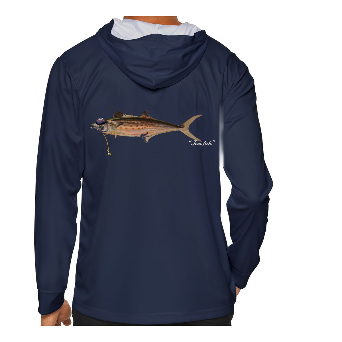 Model wearing the Navy "Jew fish" Spanish mackerel sun hoodie, back view