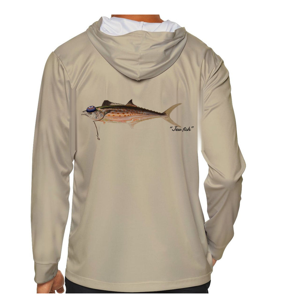 Model wearing the Sand "Jew fish" Spanish mackerel sun hoodie, back view