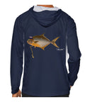 Model wearing the Navy "Jew fish" pompano sun hoodie, back view