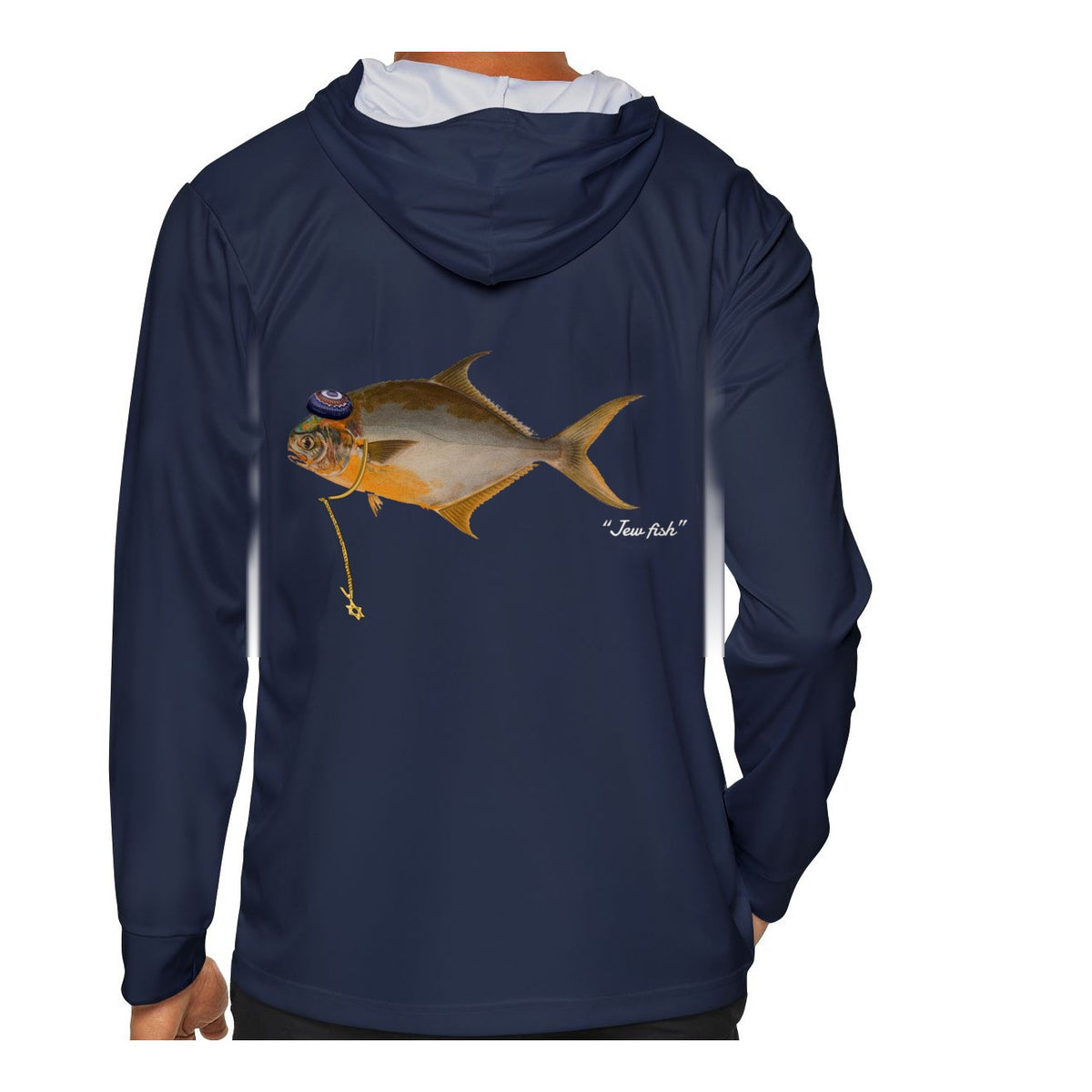 Model wearing the Navy "Jew fish" pompano sun hoodie, back view