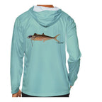 Model wearing the Seafoam "Jew fish" Spanish mackerel sun hoodie, back view