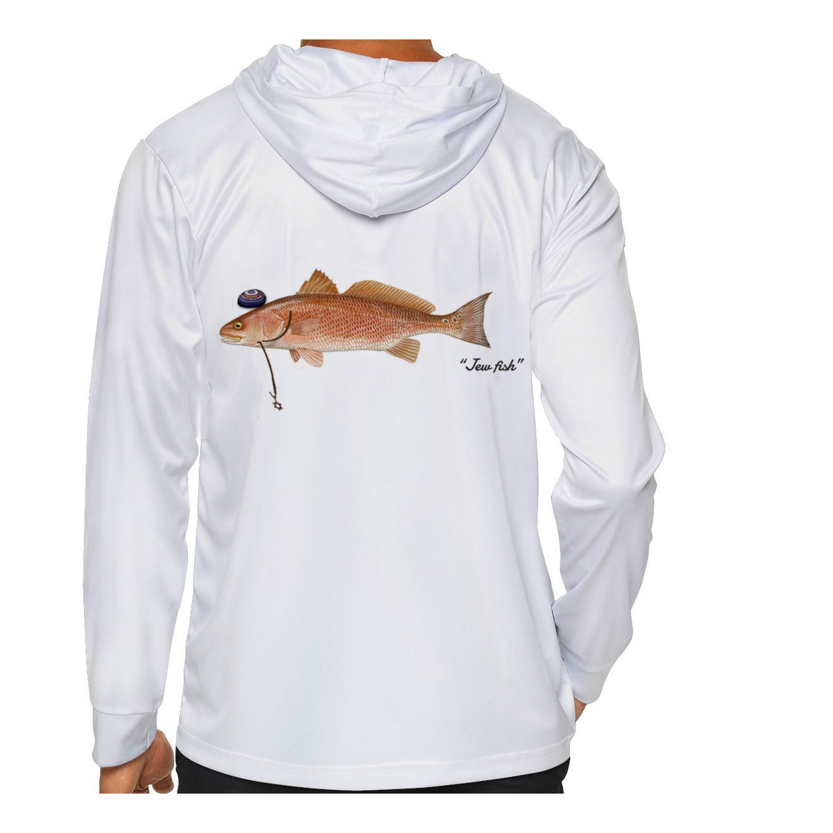 Model wearing the White "Jew fish" redfish sun hoodie, back view