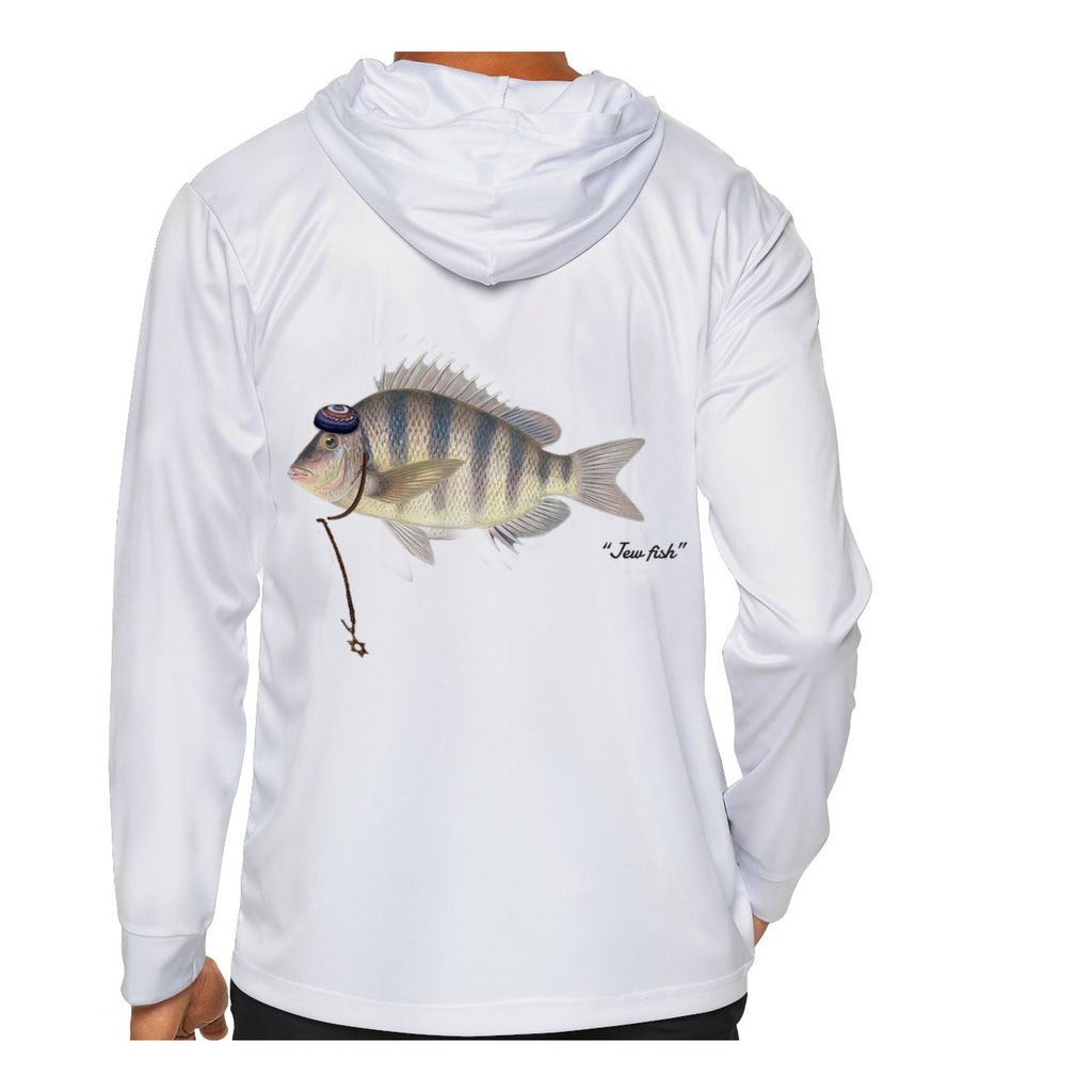 Model wearing the White "Jew fish" sheepshead sun hoodie, back view