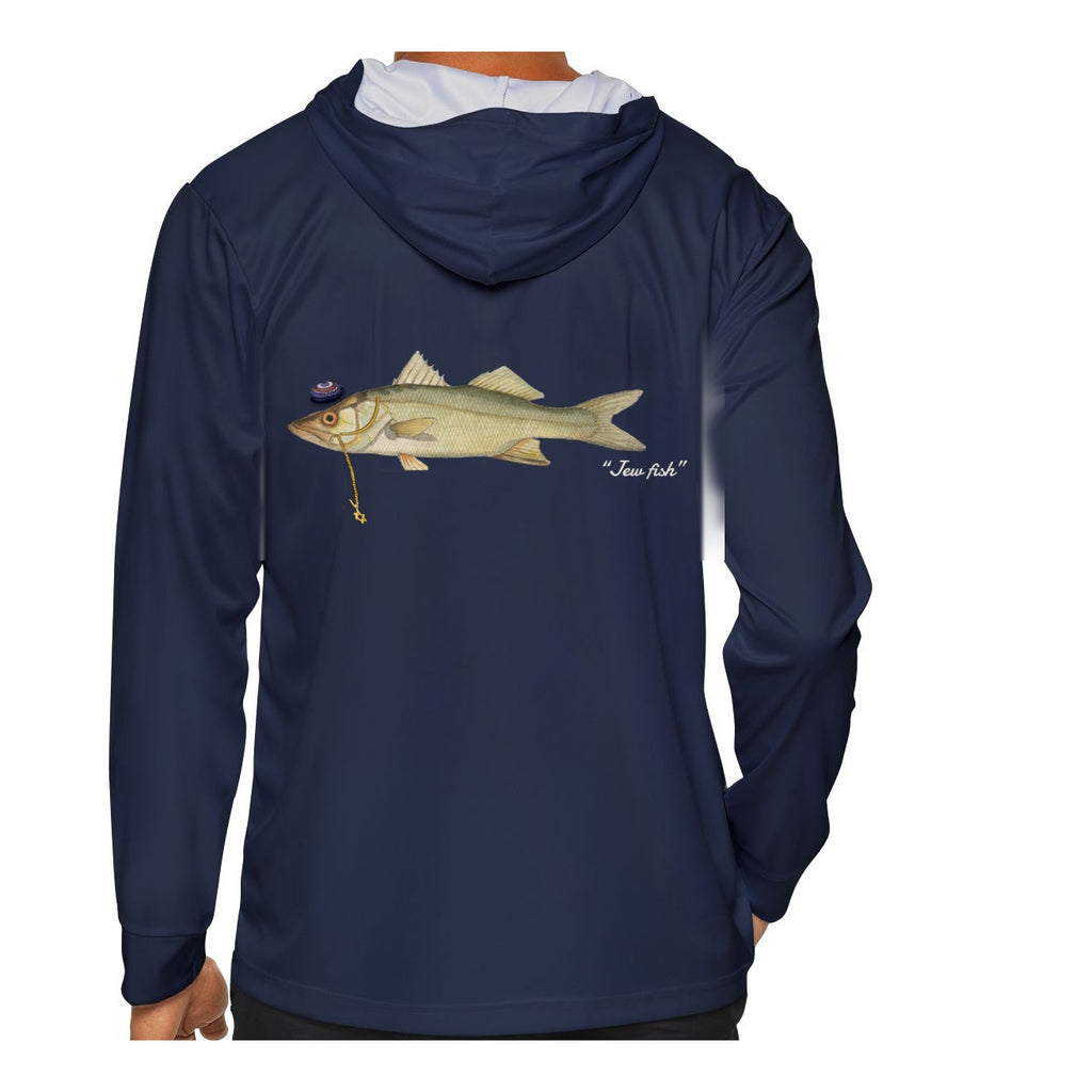 Model wearing the Navy "Jew fish" snook sun hoodie, back view