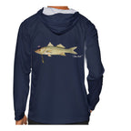 Model wearing the Navy "Jew fish" snook sun hoodie, back view