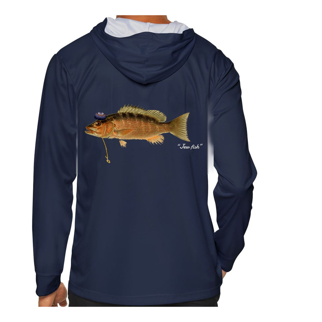 Model wearing the Navy "Jew fish" mangrove snapper sun hoodie, back view