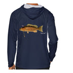 Model wearing the Navy "Jew fish" mangrove snapper sun hoodie, back view
