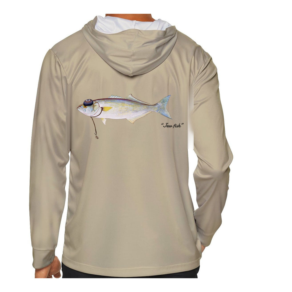 Model wearing the Sand "Jew fish" bluefish sun hoodie, back view
