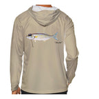 Model wearing the Sand "Jew fish" bluefish sun hoodie, back view