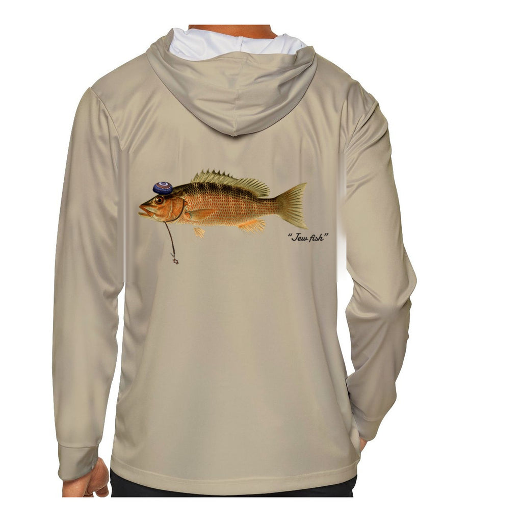 Model wearing the Sand "Jew fish" mangrove snapper sun hoodie, back view